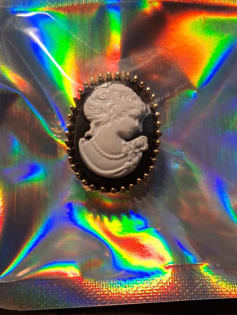 Others Follow Black and White Cameo Brooch with Gold Trim
